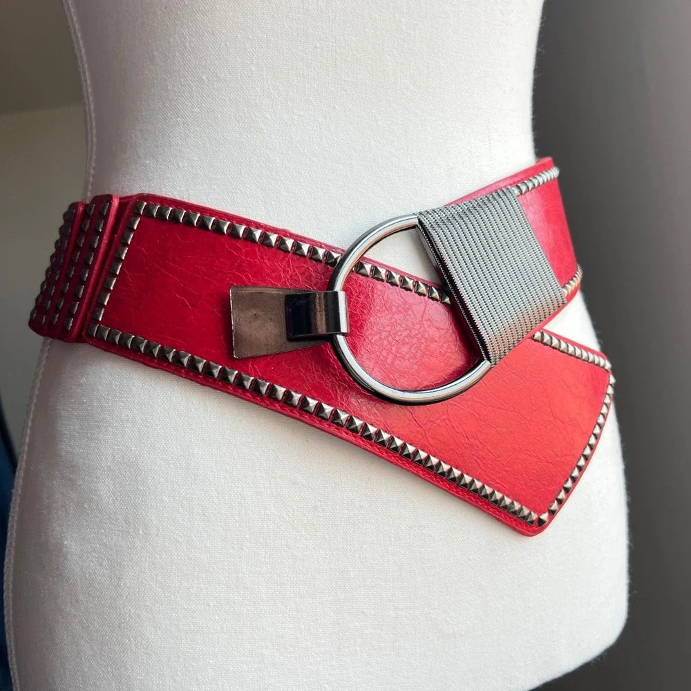 Y2K Studded Asymmetrical Elastic Cinch Waist Belt Statement Red Punk Thick Wide